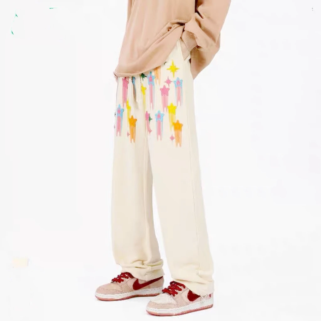 涂鸦星星休闲裤男女美式复古垂感直筒痞帅情侣款宽松直筒运动长裤