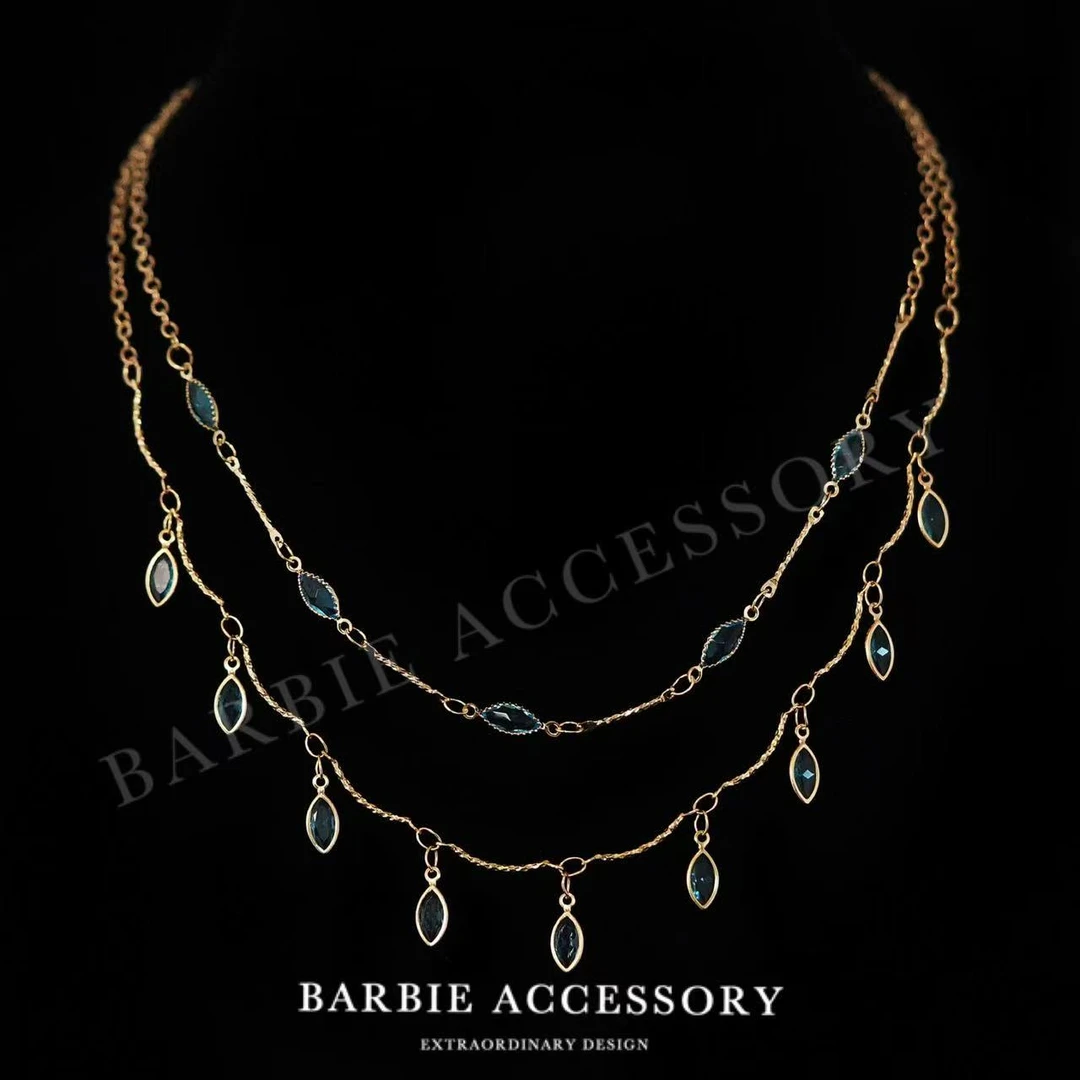 铜合金合成锆石项链 【冰泪蓝雨】法式既视设计款高级感绝美项链