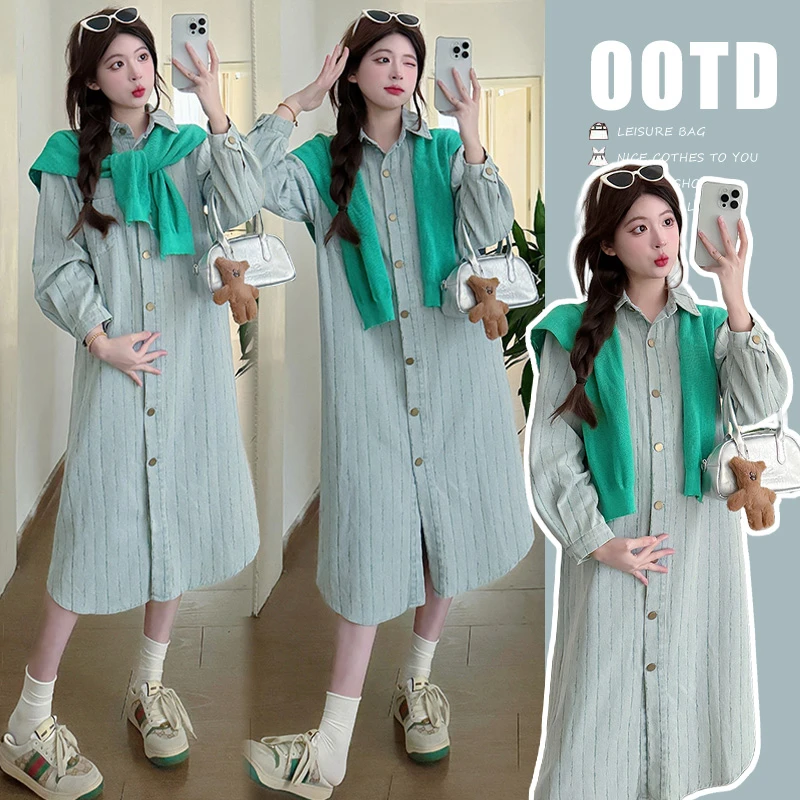 春装新款韩版宽松牛仔孕妇连衣裙带披肩长袖洋气时尚复古中长款