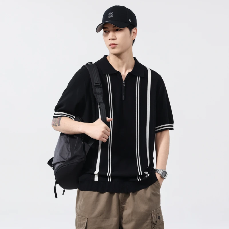 赤单6916美式复古半拉链短袖条纹polo衫男夏季翻领轻熟针织衫T恤