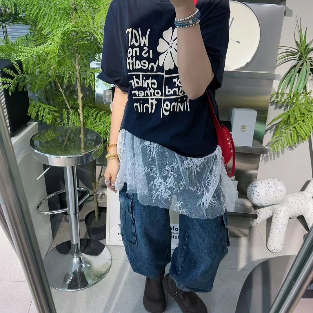 SISTERS蓝烟藏蓝字母下拼蕾丝裙T恤