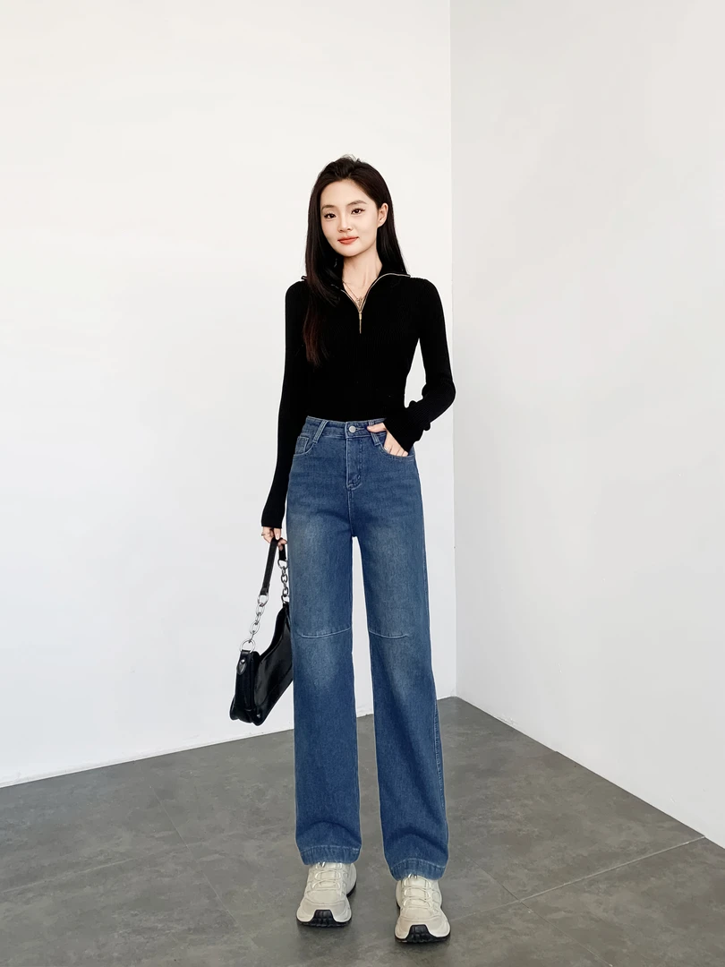 加绒直筒牛仔裤窄版直筒裤女款爆款2025新款大码微胖腿粗显瘦裤子