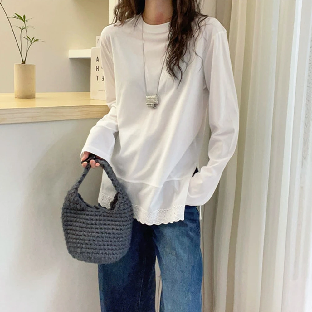 下摆蕾丝时尚减龄休闲拼接宽松圆领长袖打底衫春秋新款棉质T恤女