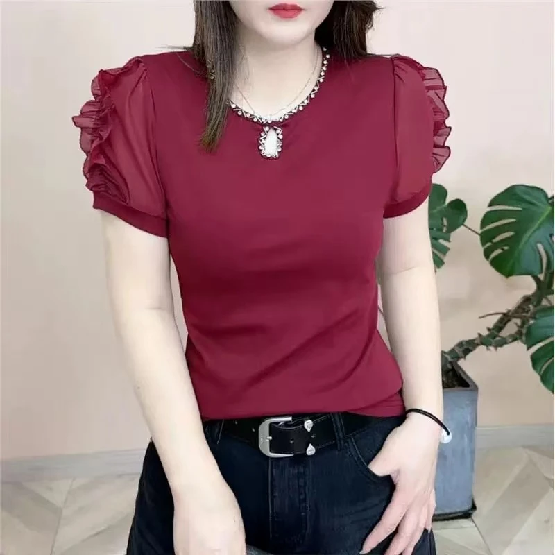 高级感洋气荷叶边短袖显瘦镶钻领欧货上衣5706