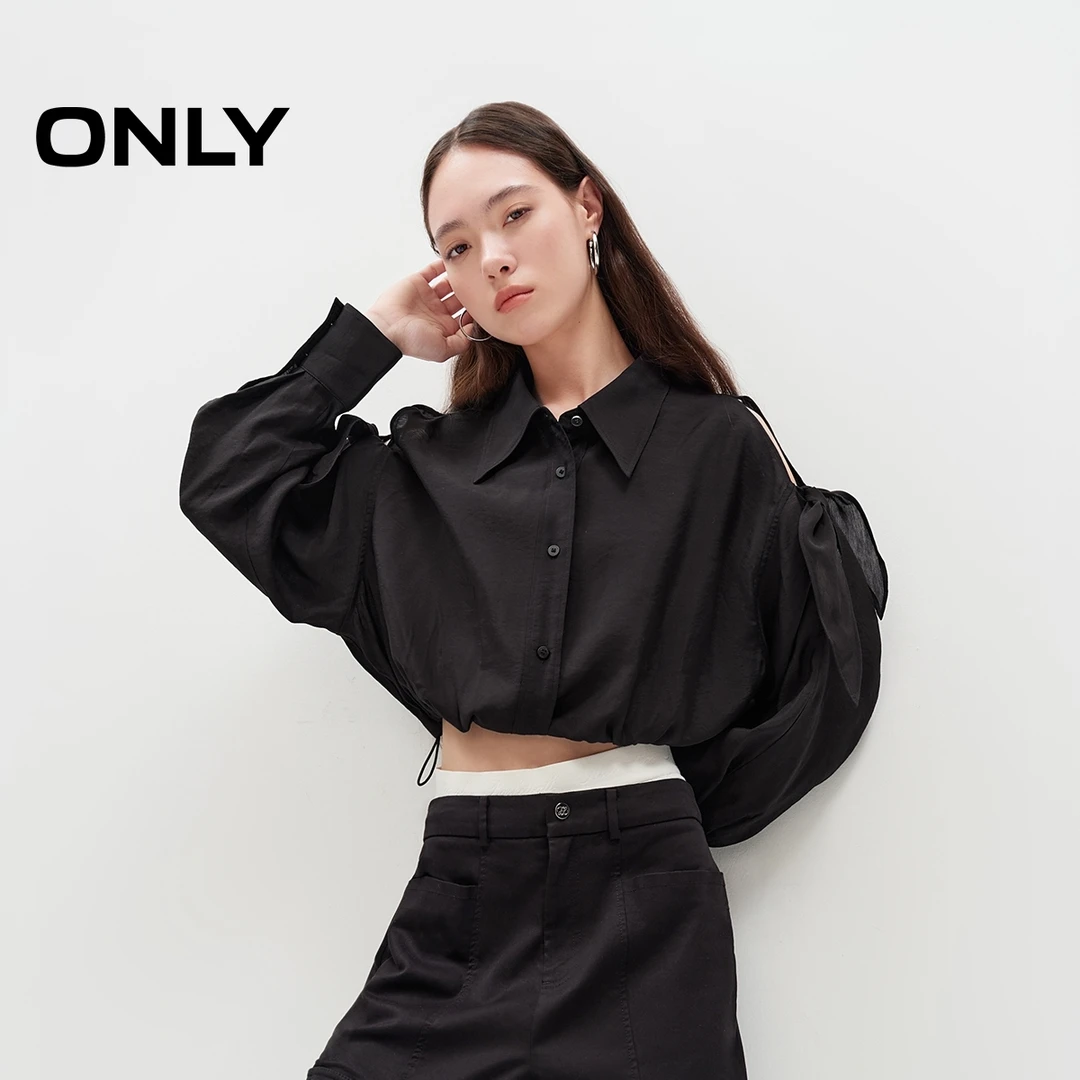 ONLY2025春季新款设计感通勤露肩短款翻领长袖衬衫女|125105050
