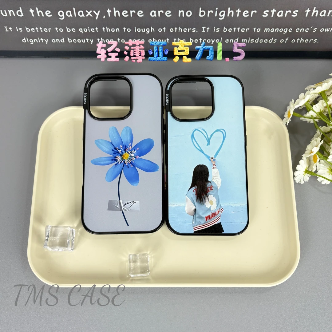 轻薄蓝色花ins手机壳适用苹果17promax亚克力iPhone16/15AI键保护