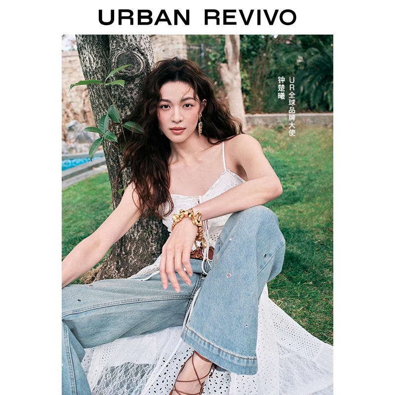 【钟楚曦同款】UR2025春季新款女装时髦装饰牛仔长裤UWG850039