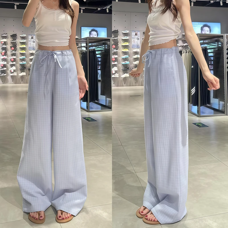 复古格纹阔腿裤女2025夏季新款低腰显瘦美式抽绳休闲裤格子拖地裤