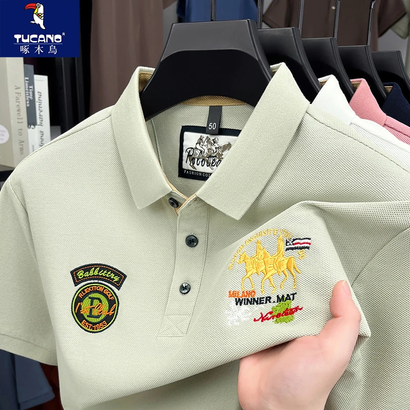啄木鸟新款夏季短袖T恤纯棉刺绣翻领POLO衫薄款休闲半袖爸爸体恤
