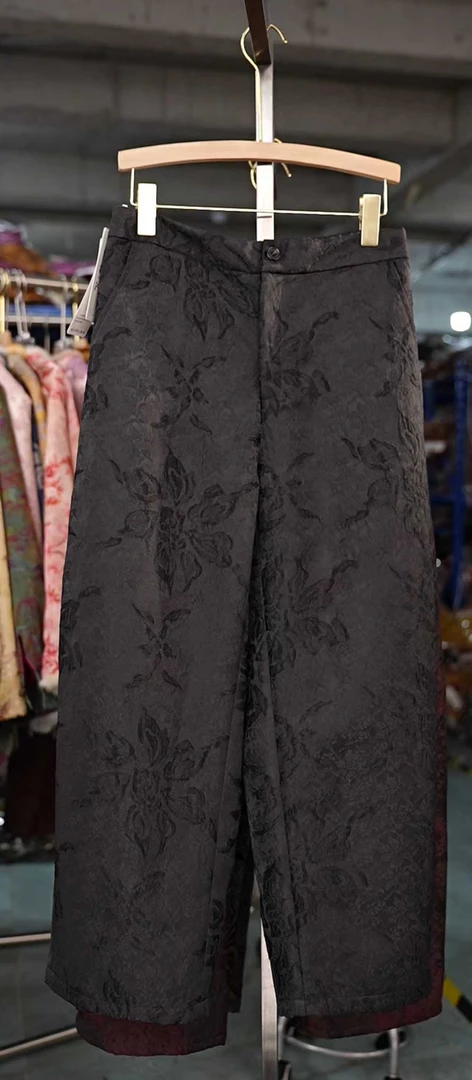 加绒加厚印花秋冬女装裤子新中式复古宽松弯刀裤0527