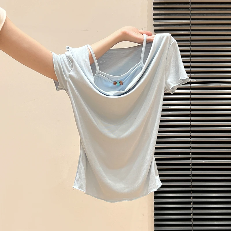 辣妹假两件设计感荡领短袖T恤女2026夏季纯欲修身掐腰小上衣