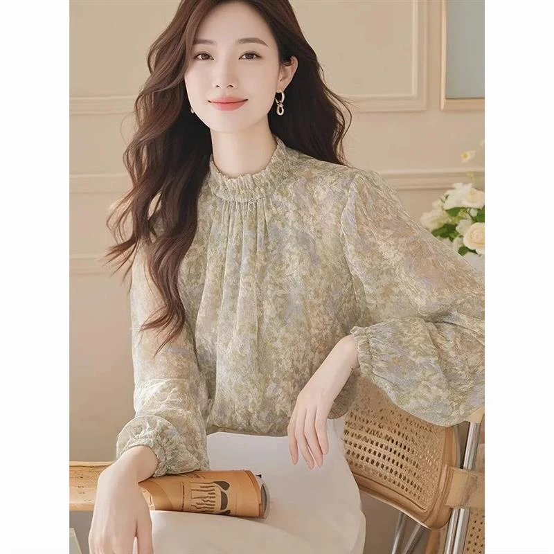 春秋新款今年流行的法式漂亮遮肚子绿色碎花雪纺小上衣长袖衬衫女