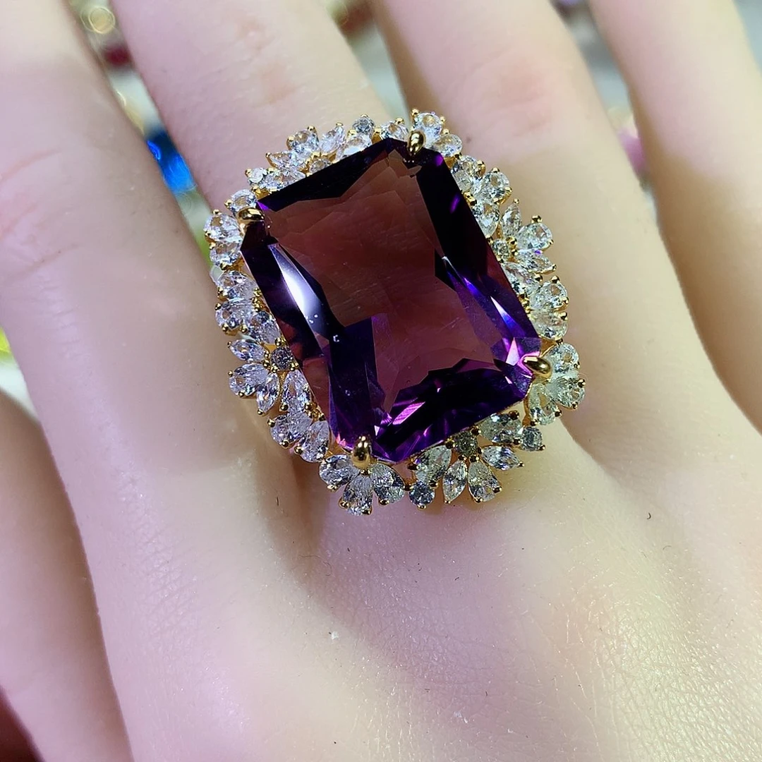 紫晶戒指银S925镀金镶嵌
