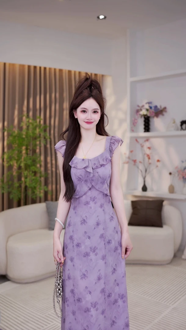 【现货秒发】法式紫色碎花连衣裙女夏绝美超好看海边度假沙滩长裙