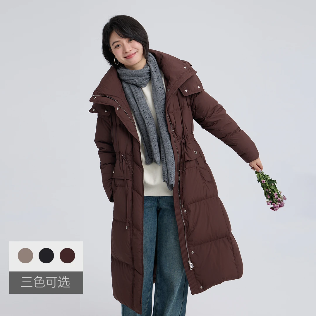 25年冬季新品复古风长款加厚连帽羽绒服鸭绒服外套女装