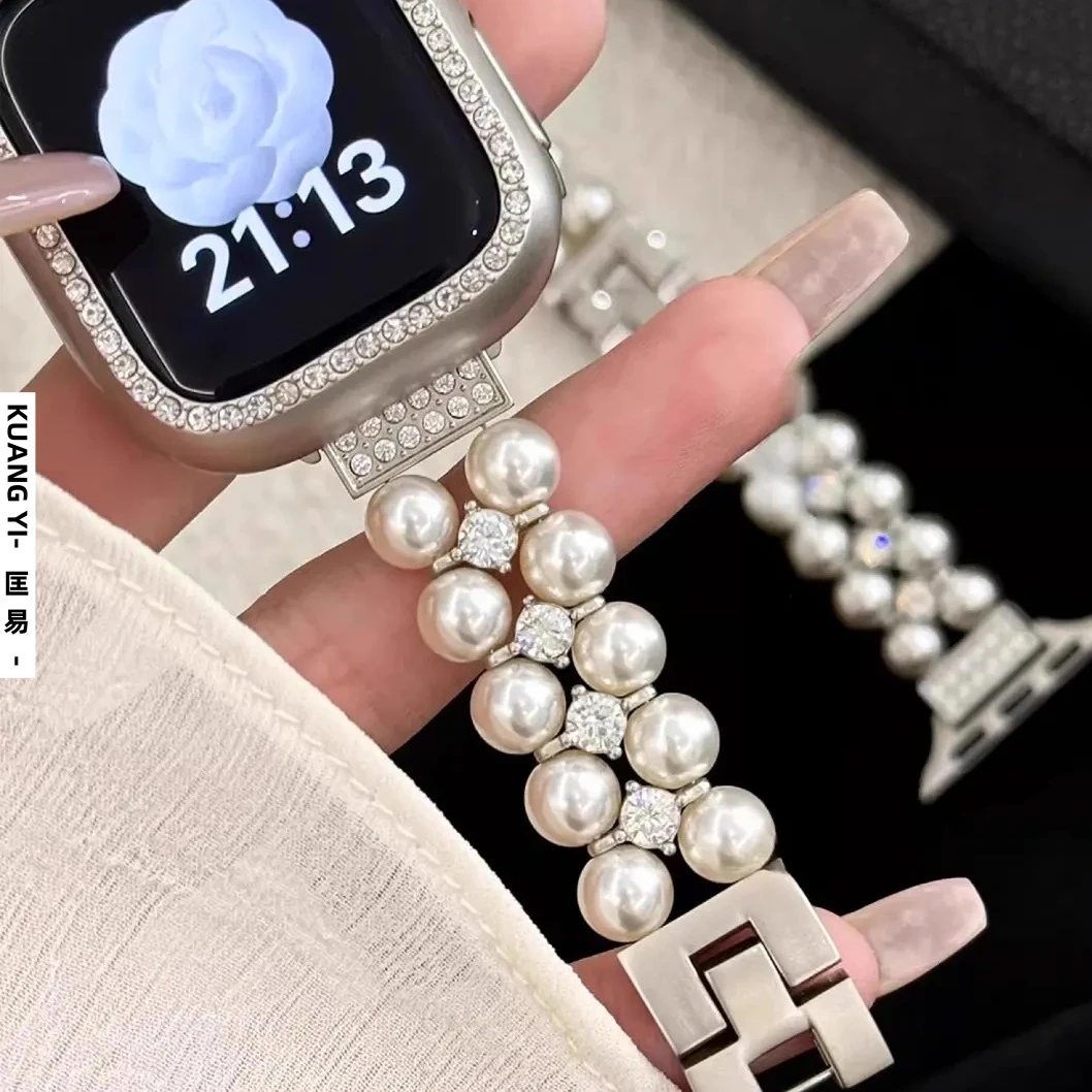 适用小米手环9pro表带珍珠镶钻华为fit4手表女款iwatch11表链高级
