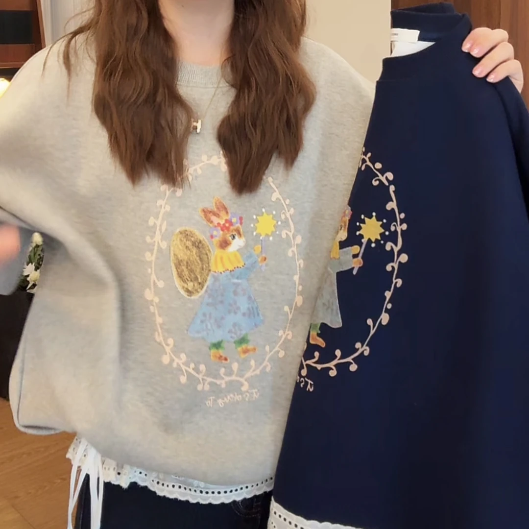 【许愿小兔】韩系秋冬2025新款圆领长袖落肩拼接卫衣女气质百搭上衣