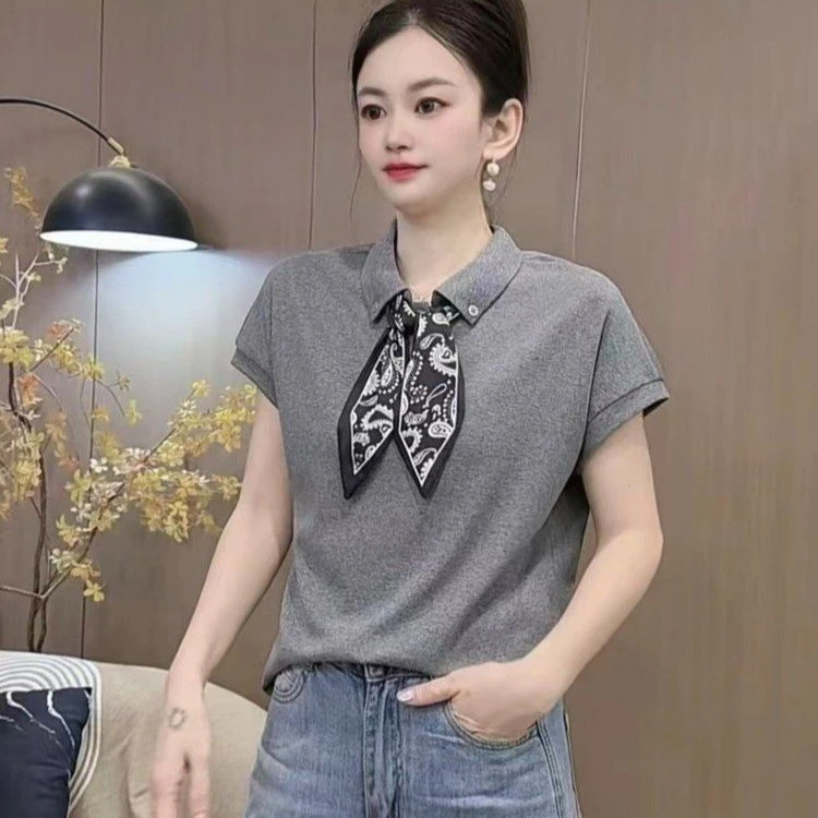 法式甜美学院风丝巾短袖T恤女装夏季新潮时尚翻领POLO衫上衣显瘦