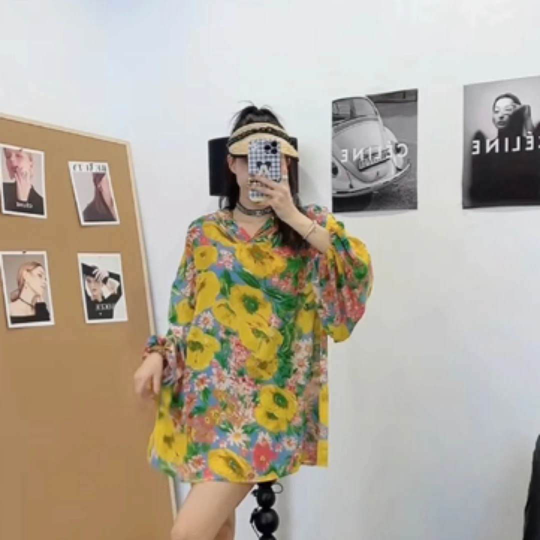 度假风休闲百搭珍珠纱碎花连帽女长袖宽松大码遮肉显瘦防晒衫