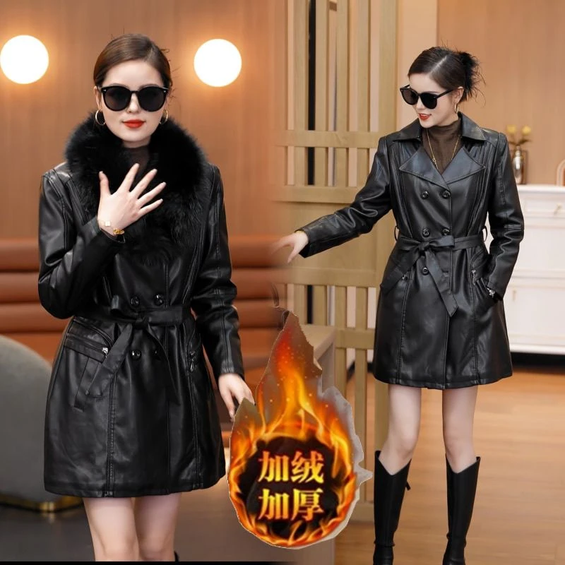 海宁皮2025年秋冬新款衣女中长款韩版修身大码显瘦女装皮风衣外套