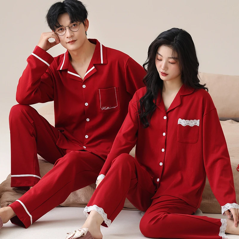 结婚本命年新婚情侣睡衣套装男士春秋季大红长袖红色喜庆女家居服