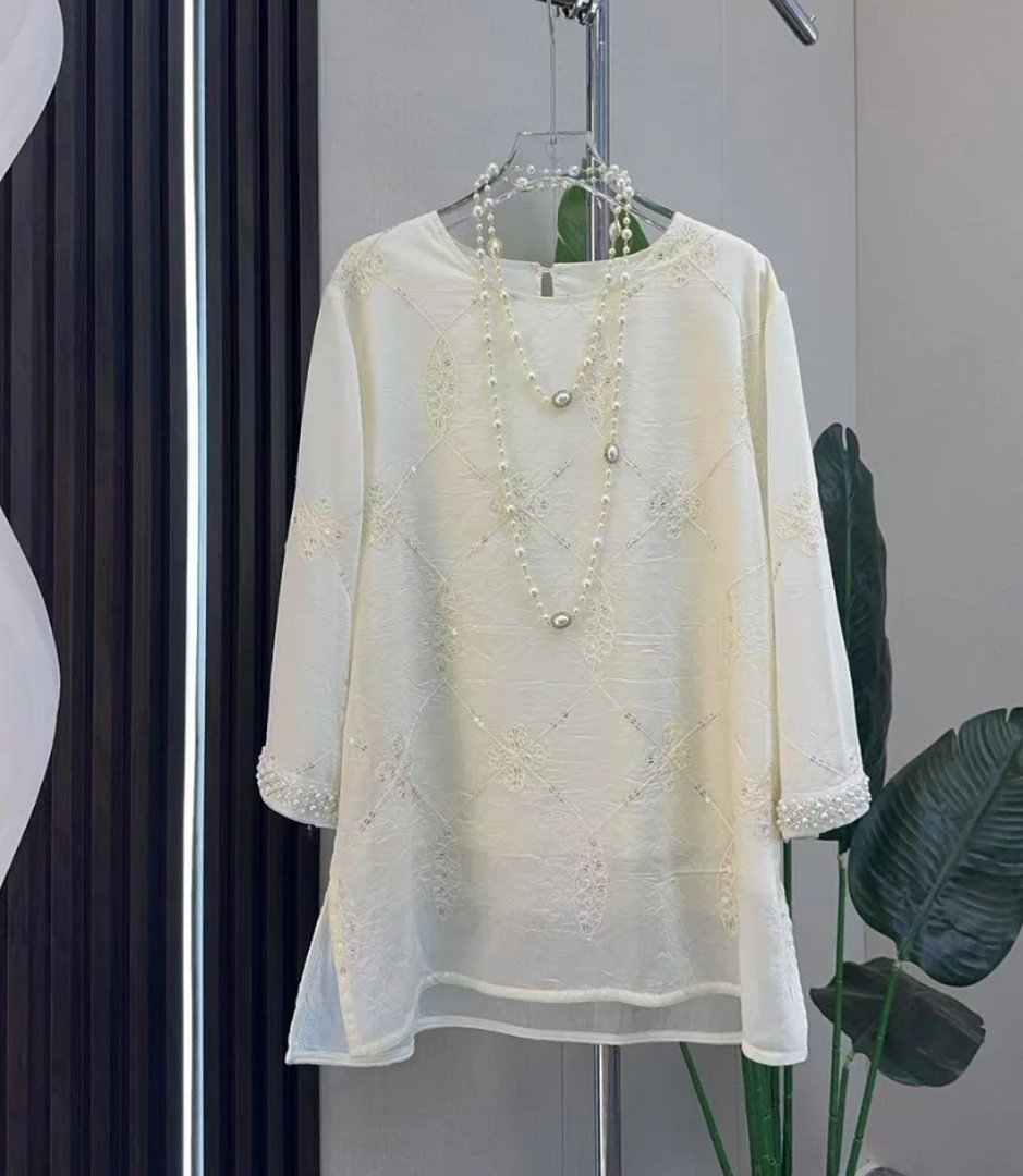 芃芃021（钉珠）大码新中式国风重工钉珠刺绣花朵亮片七分袖衬衫