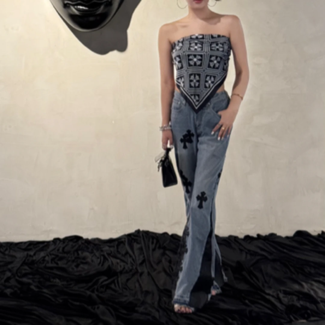 【MDX双十一】美式复古黑色十字架拼皮水洗喇叭情侣牛仔裤