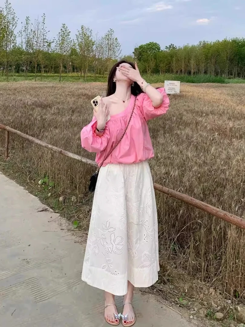 夏日穿搭一整套大码胖mm粉色上衣刺绣阔腿裤韩系松弛感好看套装女