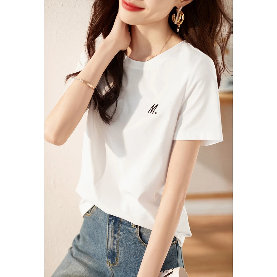 沫晗依美2025休闲冰感冰岛棉上衣时尚字母刺绣百搭T恤02003