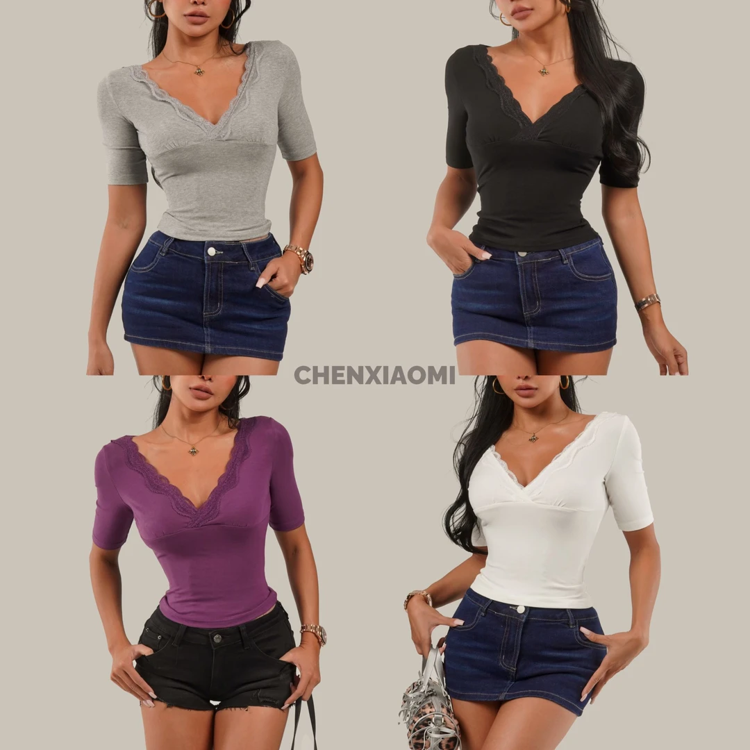 【蜜蜜家】葡萄架子 欧美辣妹性感修身设计感v领蕾丝上衣 25/Z545