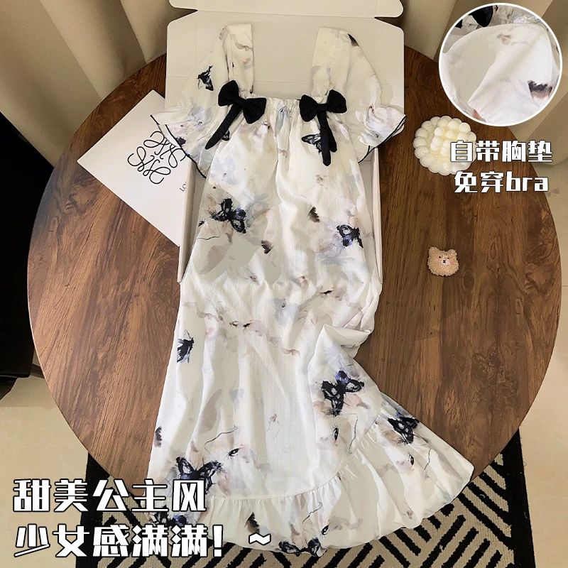 夏季蝴蝶睡裙女士梭织棉短袖蝴蝶结2025新款带胸垫薄款睡衣家居服