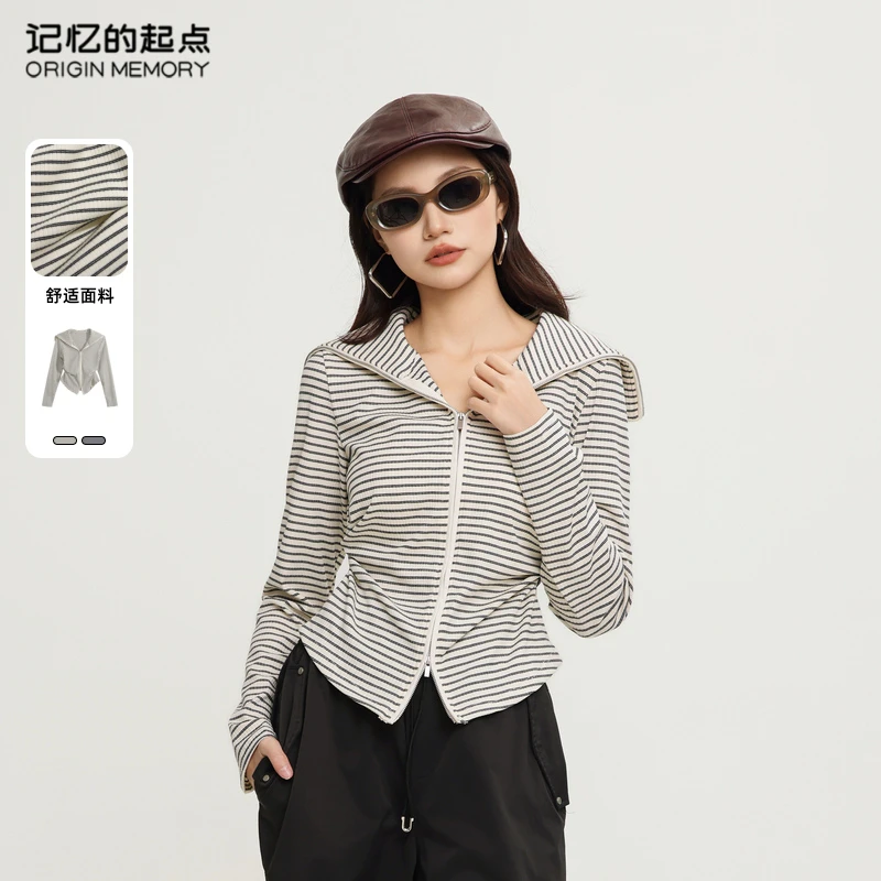 记忆的起点针织衫女2025春季新款条纹大翻领双拉链上衣69GC38817W