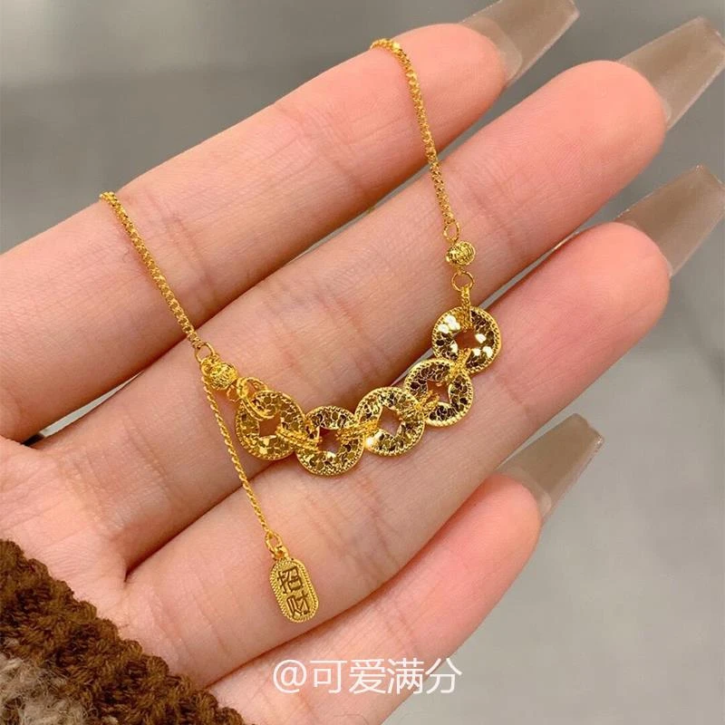 S925纯银碎碎冰金色五帝钱币项链吊坠新中式古法精致招财进宝手链