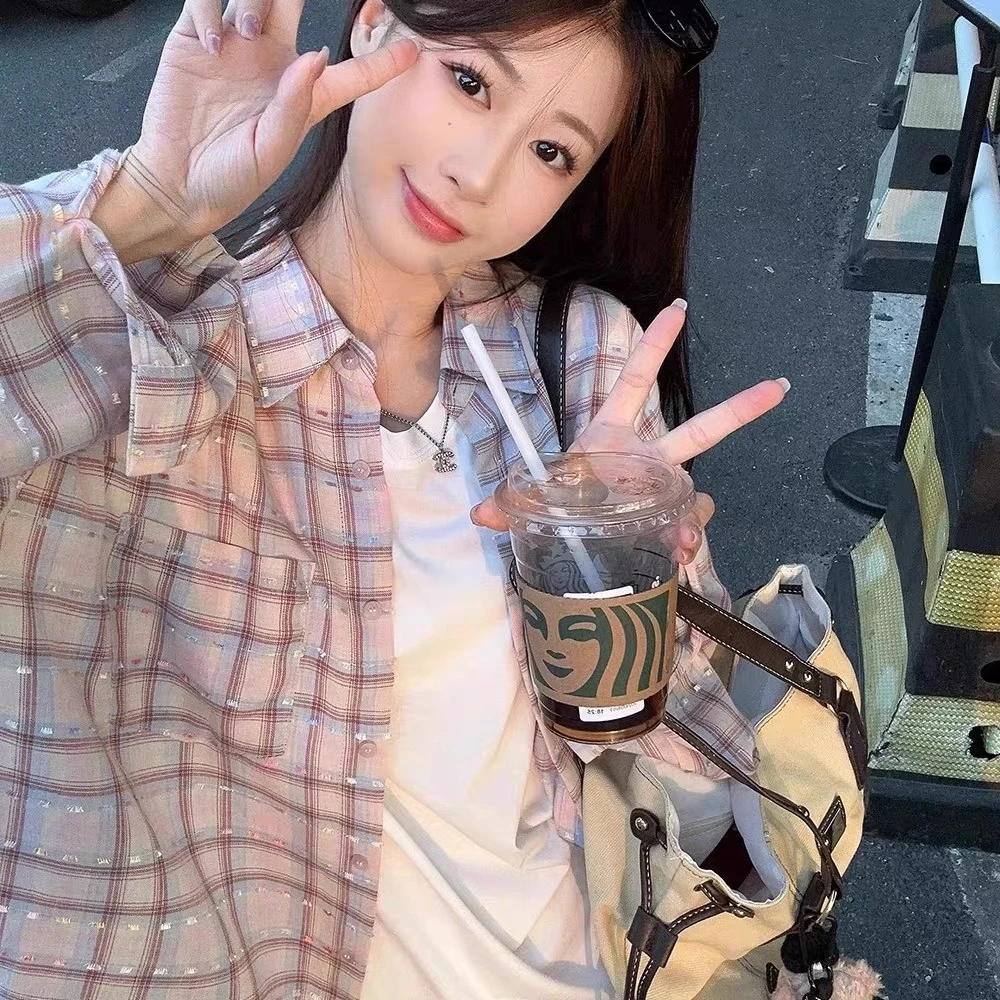 韩版休闲粉格衬衫女2025春夏新款设计感小众翻领长袖上衣外穿