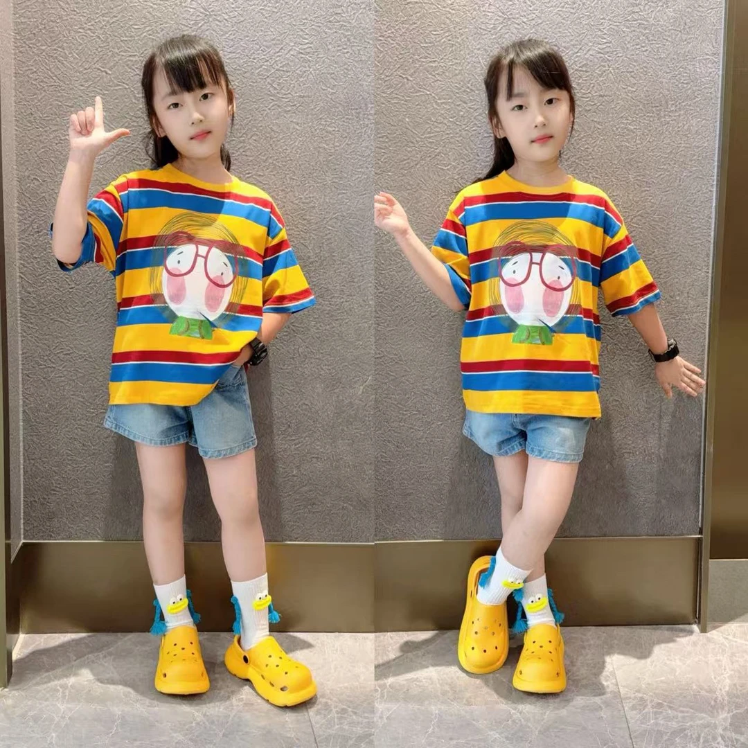 女童条纹T恤短裤套装2025年中大童儿童夏装彩色短袖t牛仔裤两件套