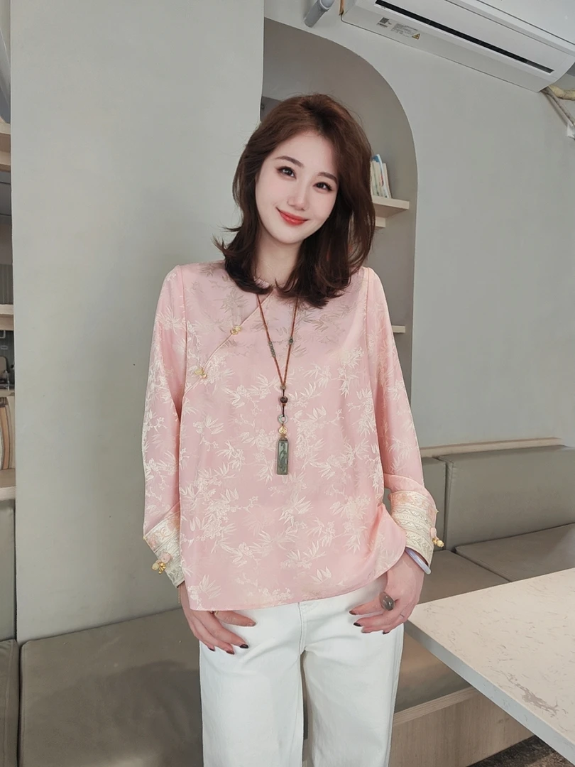 《晶晶定制》时尚复古中国风白色新中式气质提花衬衫3595