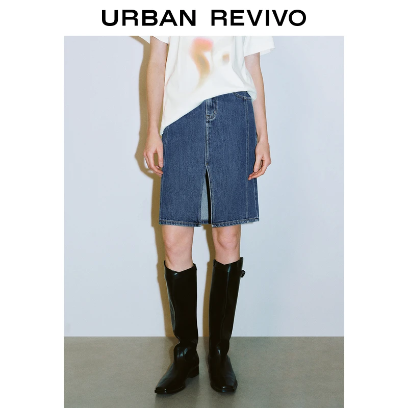 UR2025春季新款女装欧若风复古魅力休闲前开衩牛仔半裙UWG850065