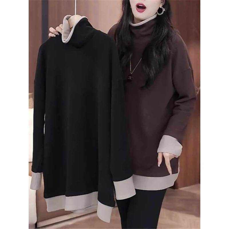 大码德绒假两件高领打底衫女秋冬季新款宽松遮肉显瘦时尚长袖上衣