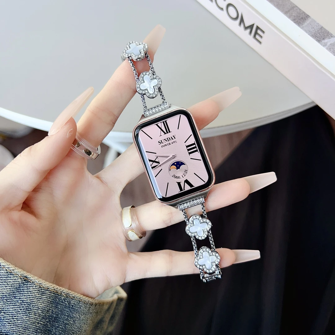 适用小米手环9pro表带8pro四叶草镶钻贝母表链红米手表54轻奢腕带