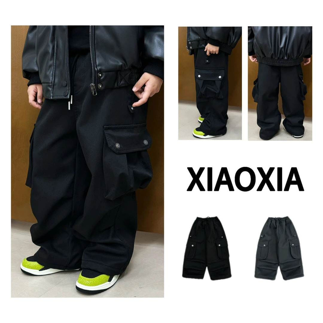 XXJ 2351【雾曜工装】灰黑潮酷立体袋加绒工装裤男童