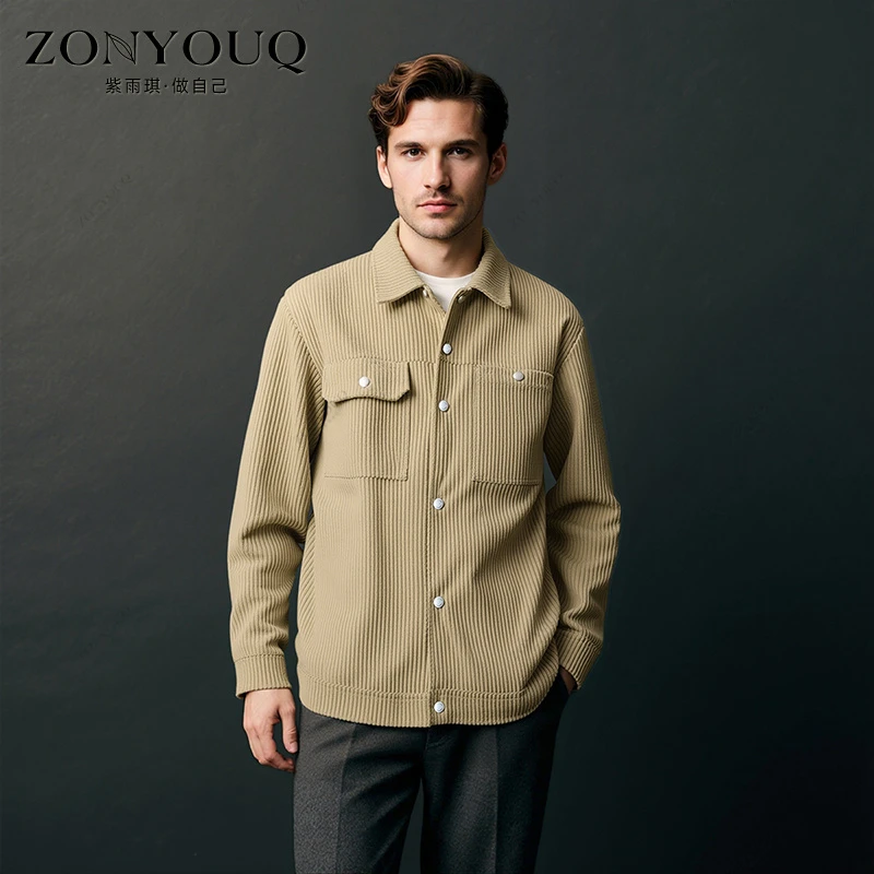 夹克男春秋灯芯绒翻领衬衫短款简约休闲商务美式复古长袖百搭外套