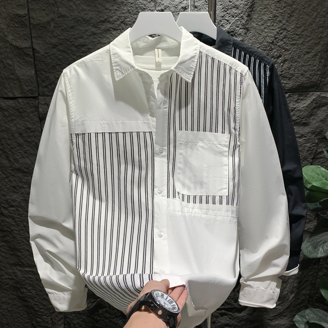 春秋潮牌长袖衬衫男条纹潮流宽松轻奢文艺青年痞帅衬衣男外套衣服