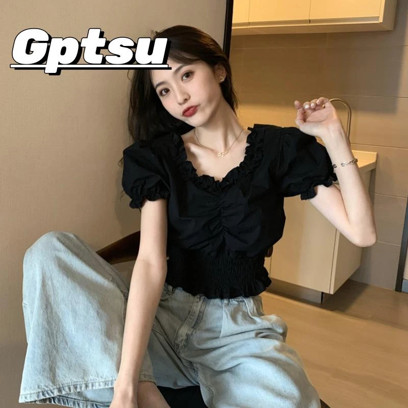 GPTSu法式甜美收腰别致上衣T恤女夏季设计感短袖t恤韩版辣妹小衫
