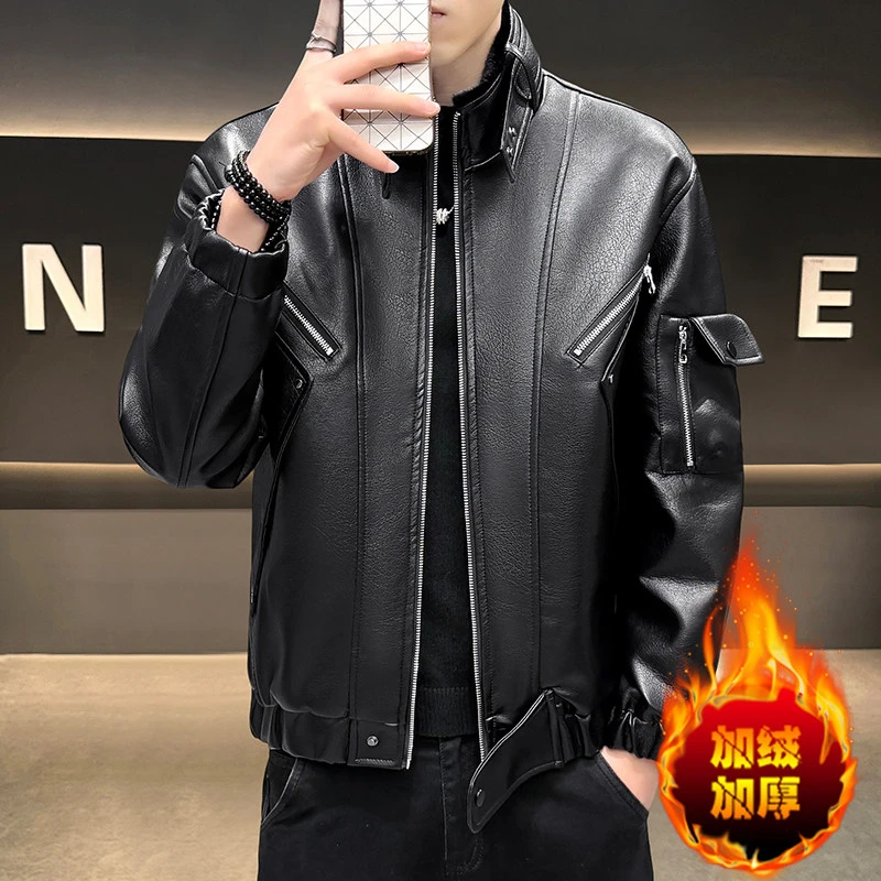潮牌韩版高端立领皮衣男士2025新款冬季加绒时尚机车服痞帅皮夹克