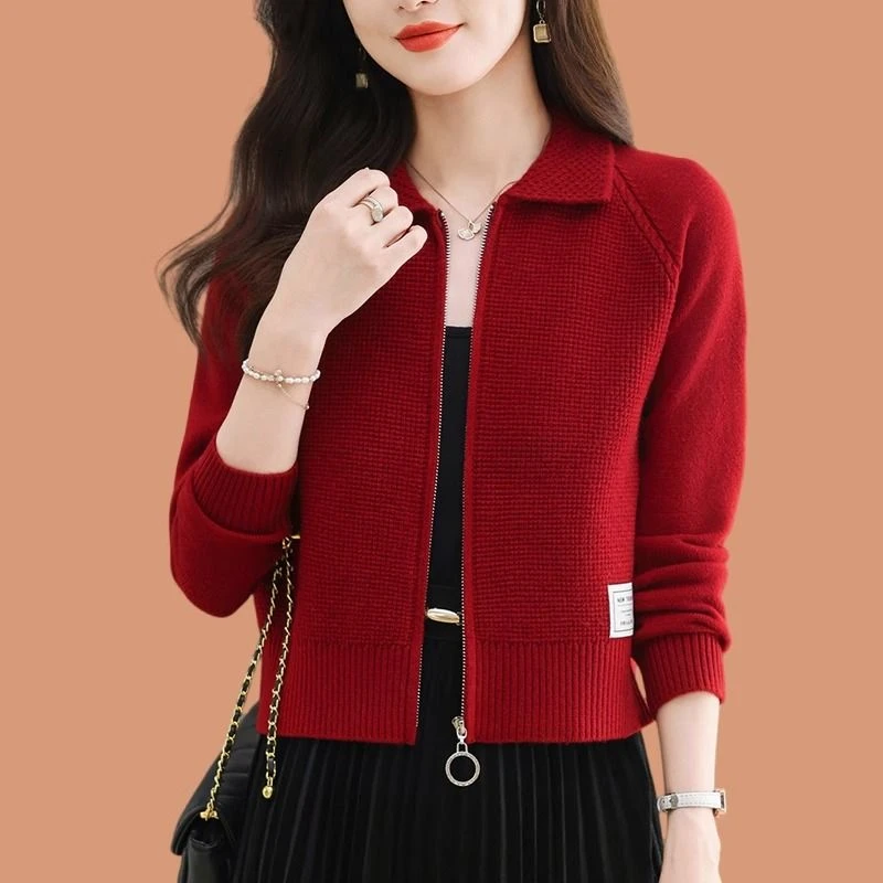 洋气小香风时尚长袖针织衫开衫短款新款2025拉链翻领毛衣外套春秋