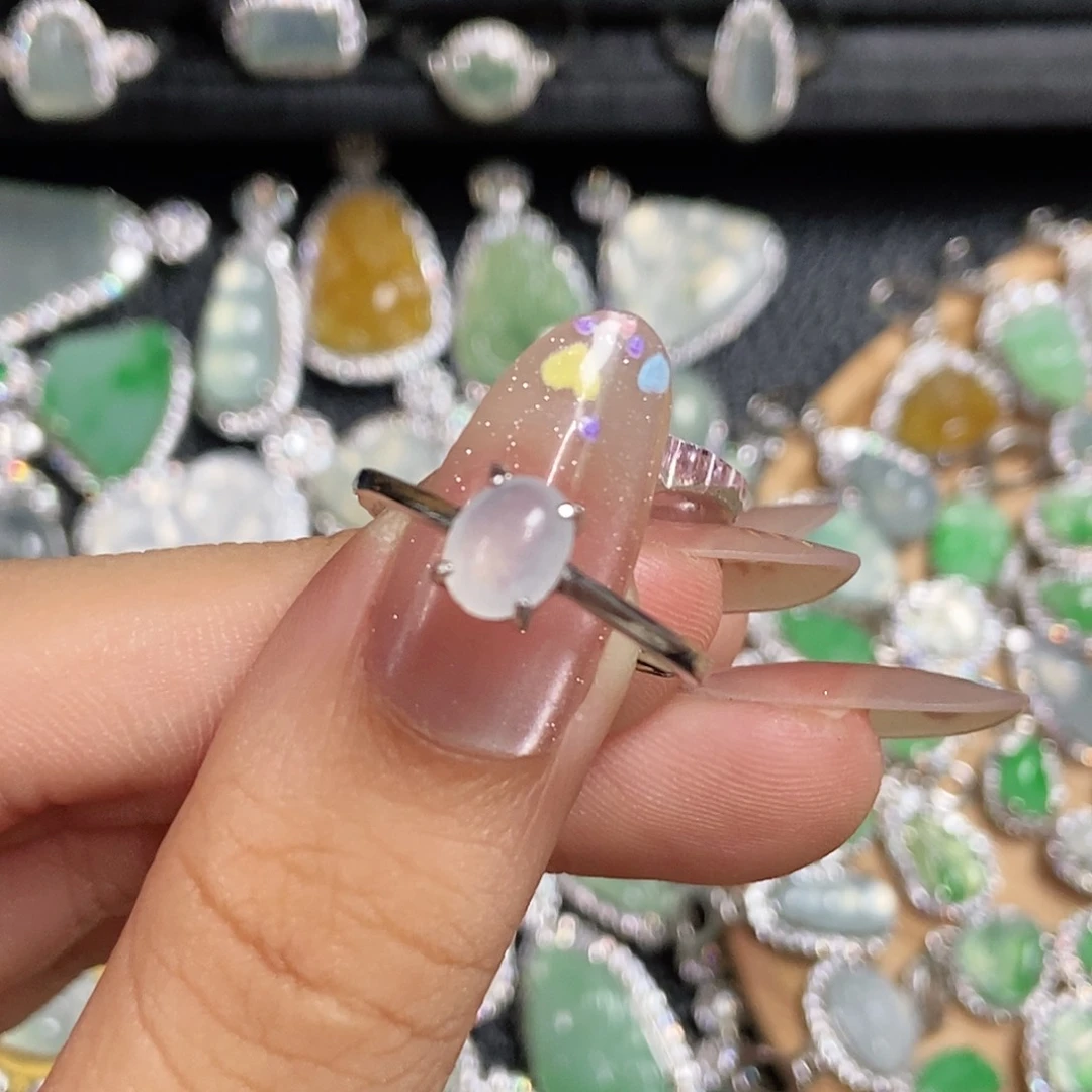 翡翠挂件银S925镶嵌蛋面戒指