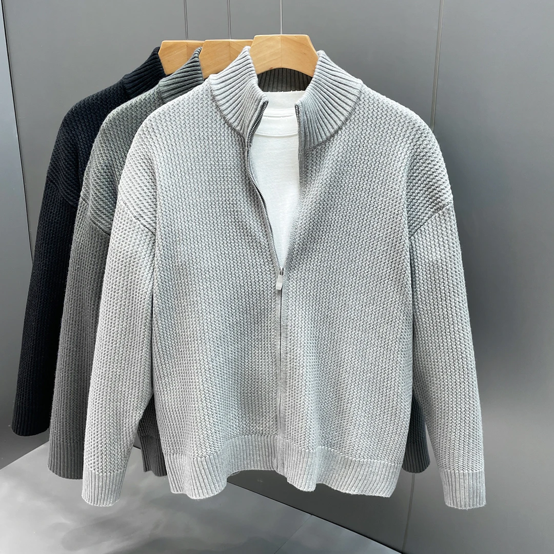 高品质纯色拉链开衫毛衣外套男士针织衫2025秋冬新款潮牌立领夹克