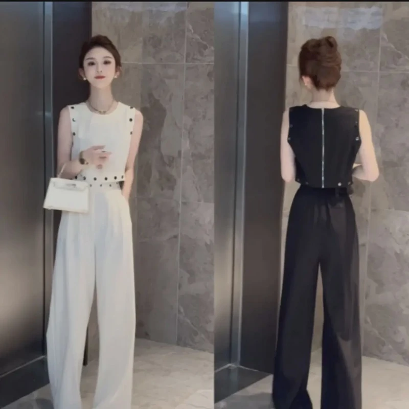 夏季套装女装气质两件套时尚夏天法式轻奢小香名媛纯色调性铆钉珠