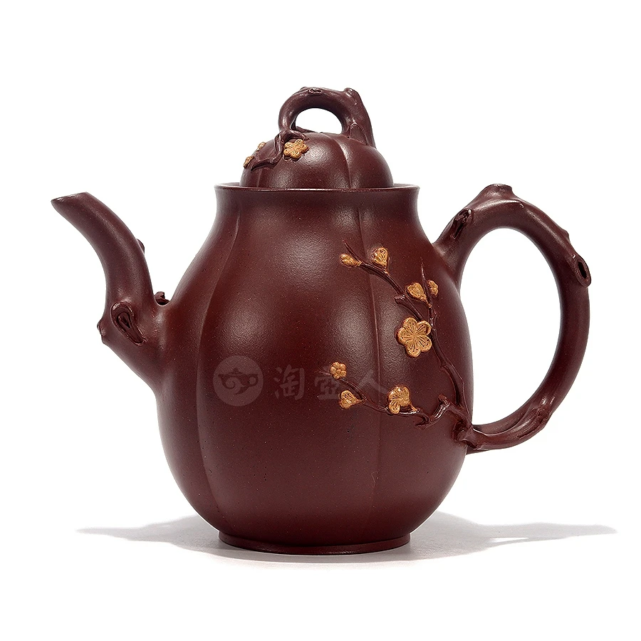 宜兴紫砂 范萍高梅壶  原矿紫泥  280cc 花器全手工筋纹