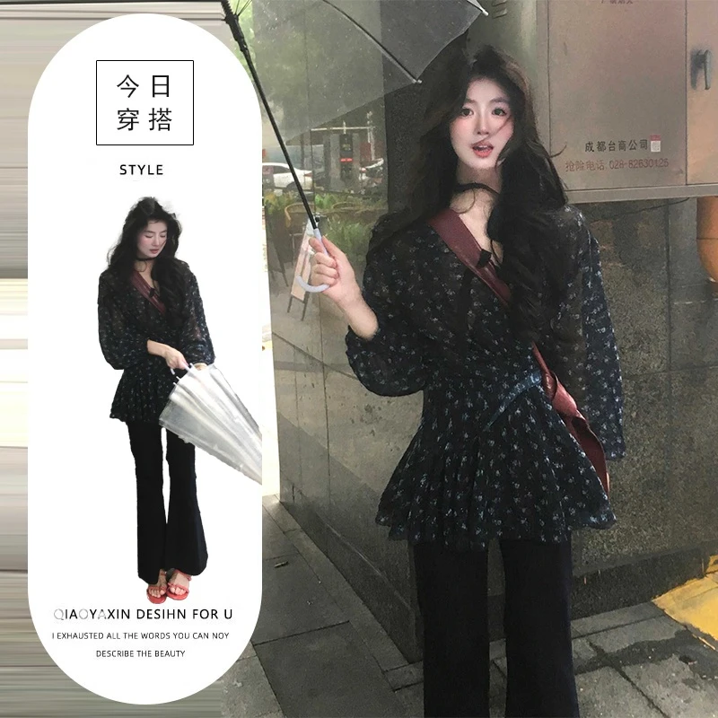 秋季穿搭一整套大码胖mm碎花雪纺上衣微喇裤子韩系独特绝美套装女